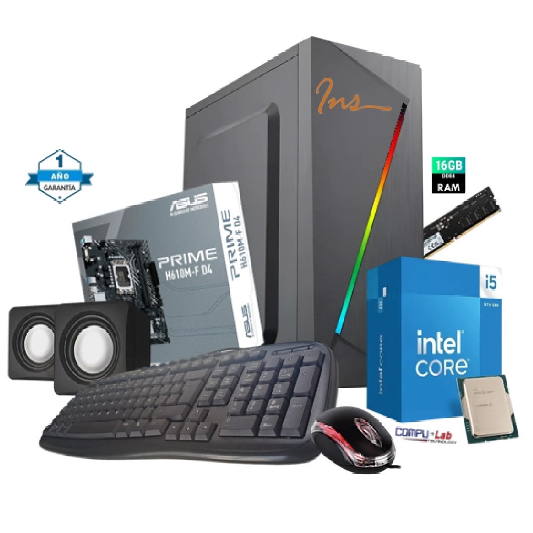 CPU INTEL core i5-14400/MB H610/ SSD 1TB/ DDR4 16GB RAM/CASE INS/TECLADO/MOUSE/PARLANTES