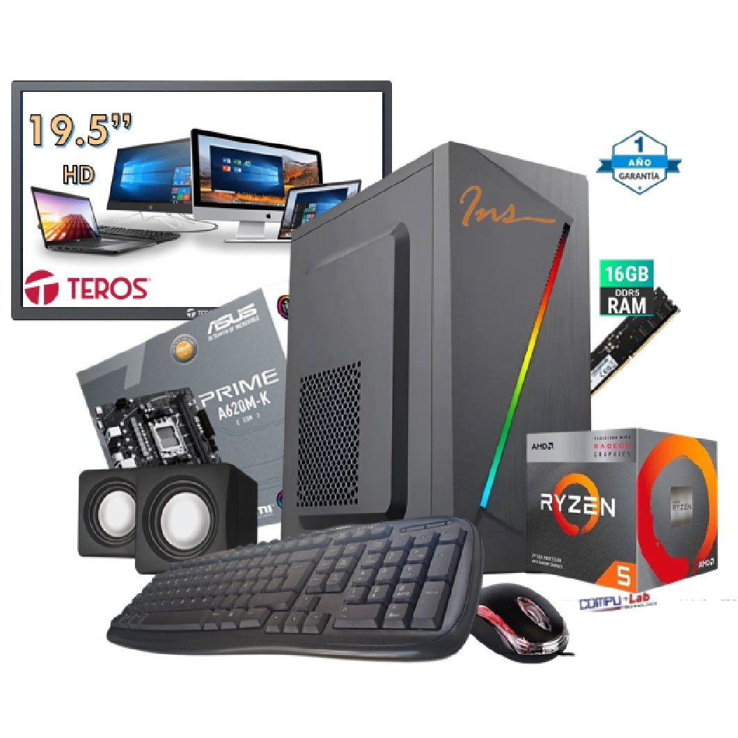 PC AMD RYZEN 5 8500G/SSD 500GB/DDR5 16GB/MB-A620/CASE INS/TEC/MOU/PAR/MONITOR TERON 19.5"