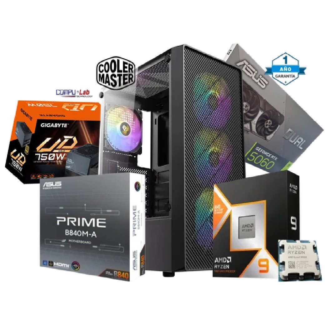 CPU RYZEN 9 9900X/ MB B840/ 16GB DDR5/ SSD 1TB/CASE COOLER MASTER /RTX 5060 8GB/FUENTE 750W CERTIF